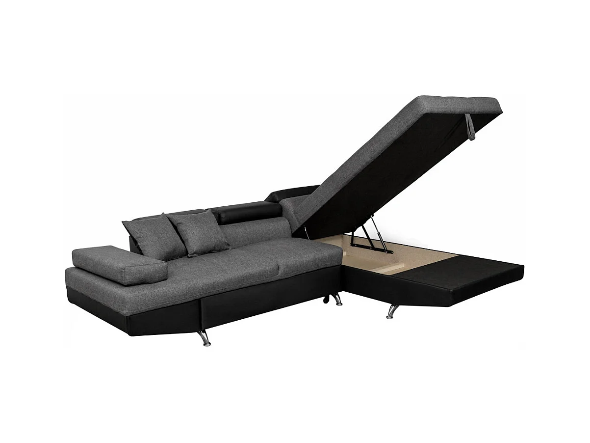 Canapé d'angle droit 5 places Rio Convertible avec coffre en tissu et simili - Gris/Noir - L271 x P192 x H70cm - Loungitude