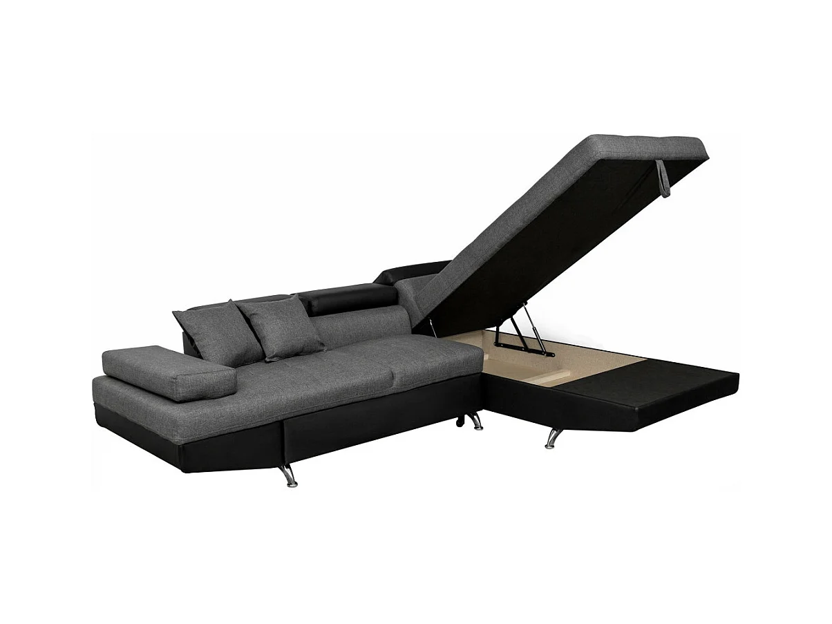 Canapé d'angle droit 5 places Rio Convertible avec coffre en tissu et simili - Gris/Noir - L271 x P192 x H70cm - Loungitude