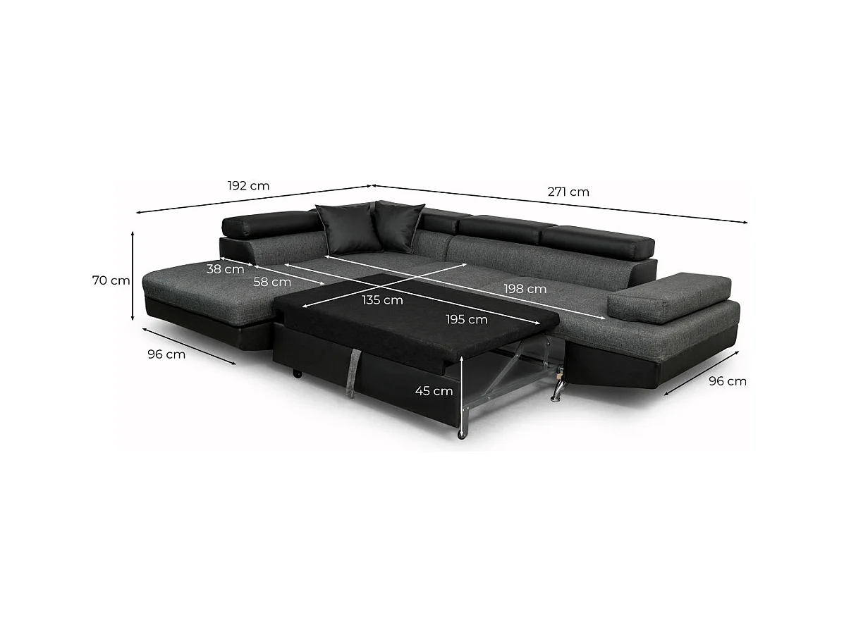 Canapé d'angle droit 5 places Rio Convertible avec coffre en tissu et simili - Gris/Noir - L271 x P192 x H70cm - Loungitude