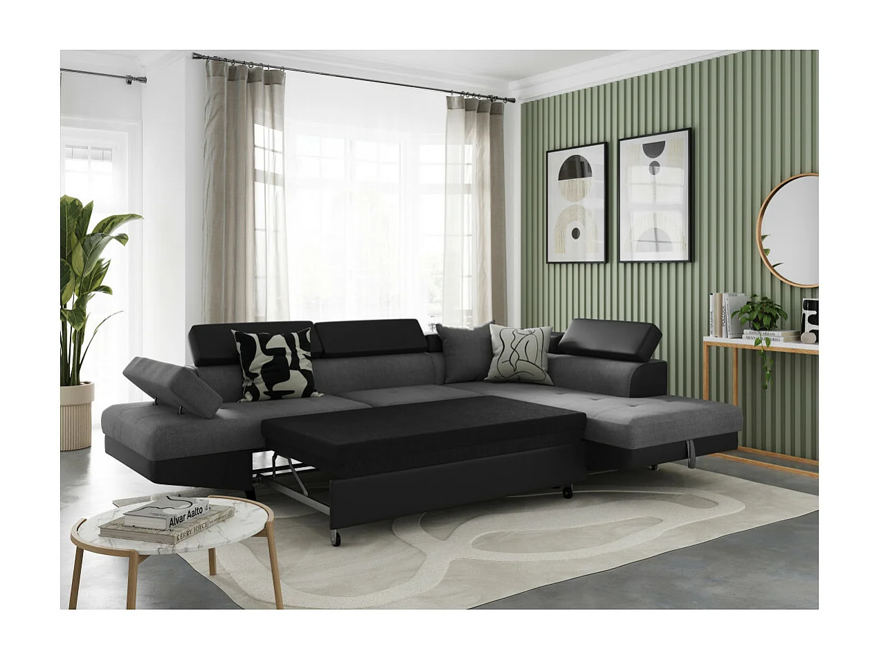 Canapé d'angle droit 5 places Rio convertible avec coffre en tissu et simili - Gris/Noir - L271 x P192 x H70cm - Loungitude