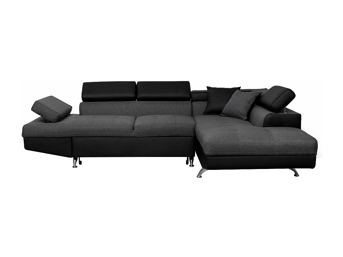 Canapé d'angle droit 5 places Rio convertible avec coffre en tissu et simili - Gris/Noir - L271 x P192 x H70cm - Loungitude