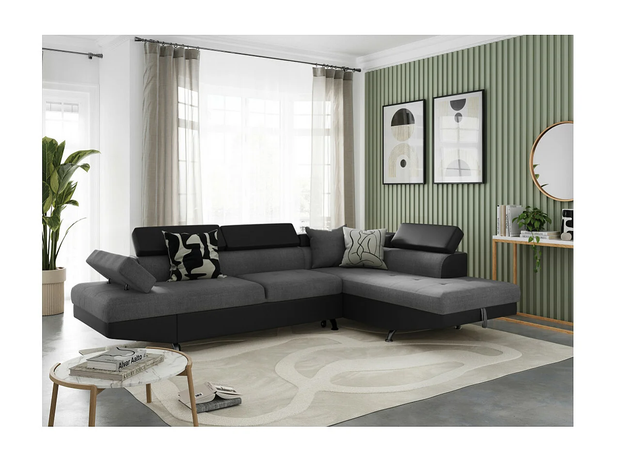 Canapé d'angle droit 5 places Rio convertible avec coffre en tissu et simili - Gris/Noir - L271 x P192 x H70cm - Loungitude