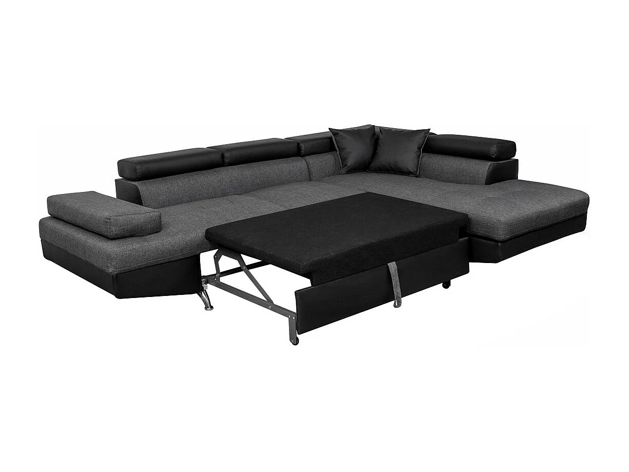 Canapé d'angle droit 5 places Rio convertible avec coffre en tissu et simili - Gris/Noir - L271 x P192 x H70cm - Loungitude