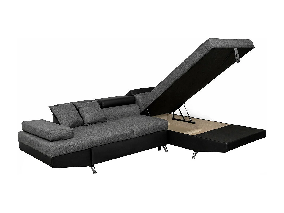 Canapé d'angle droit 5 places Rio convertible avec coffre en tissu et simili - Gris/Noir - L271 x P192 x H70cm - Loungitude
