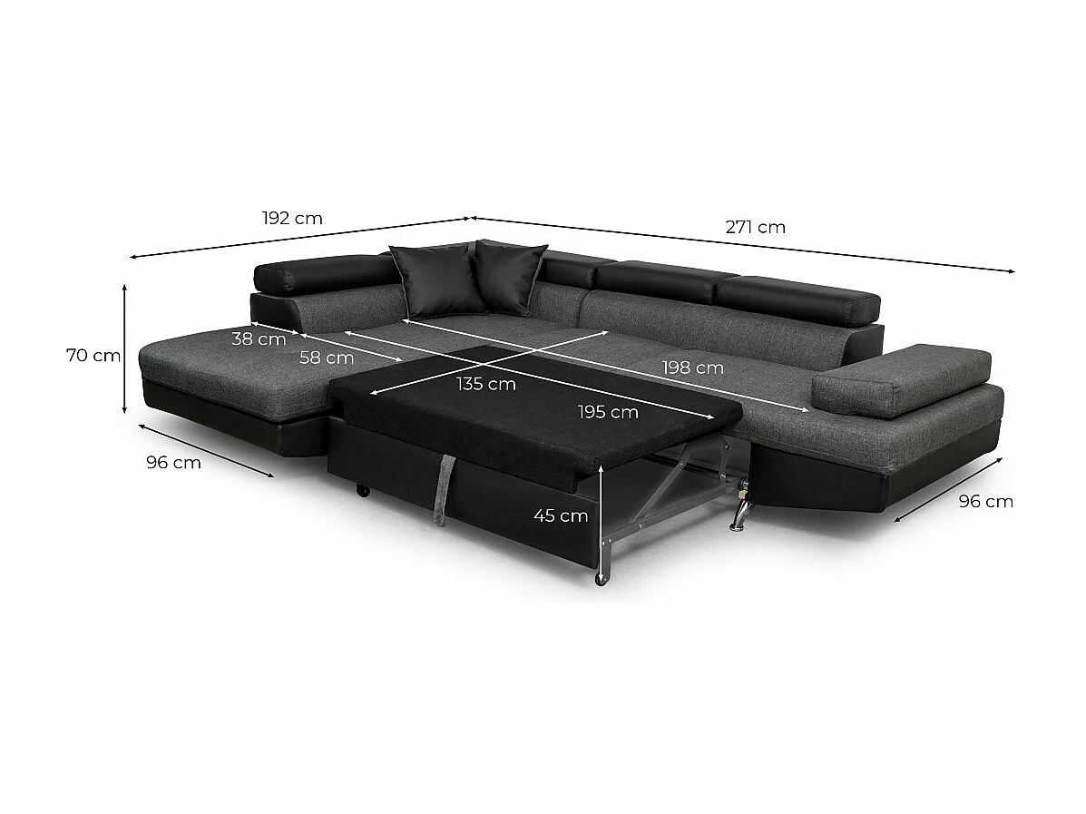 Canapé d'angle droit 5 places Rio convertible avec coffre en tissu et simili - Gris/Noir - L271 x P192 x H70cm - Loungitude
