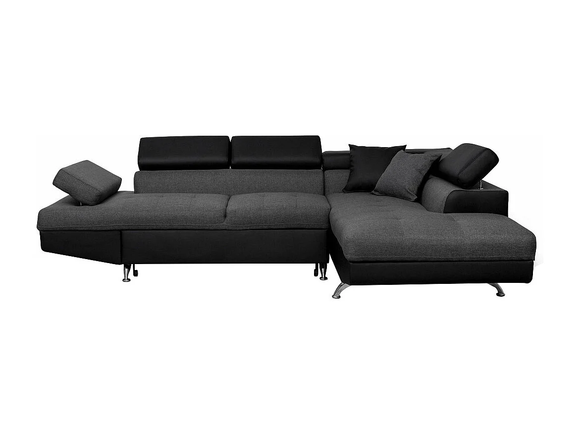 Canapé d'angle droit 5 places Rio convertible avec coffre en tissu et simili - Gris/Noir - L271 x P192 x H70cm - Loungitude