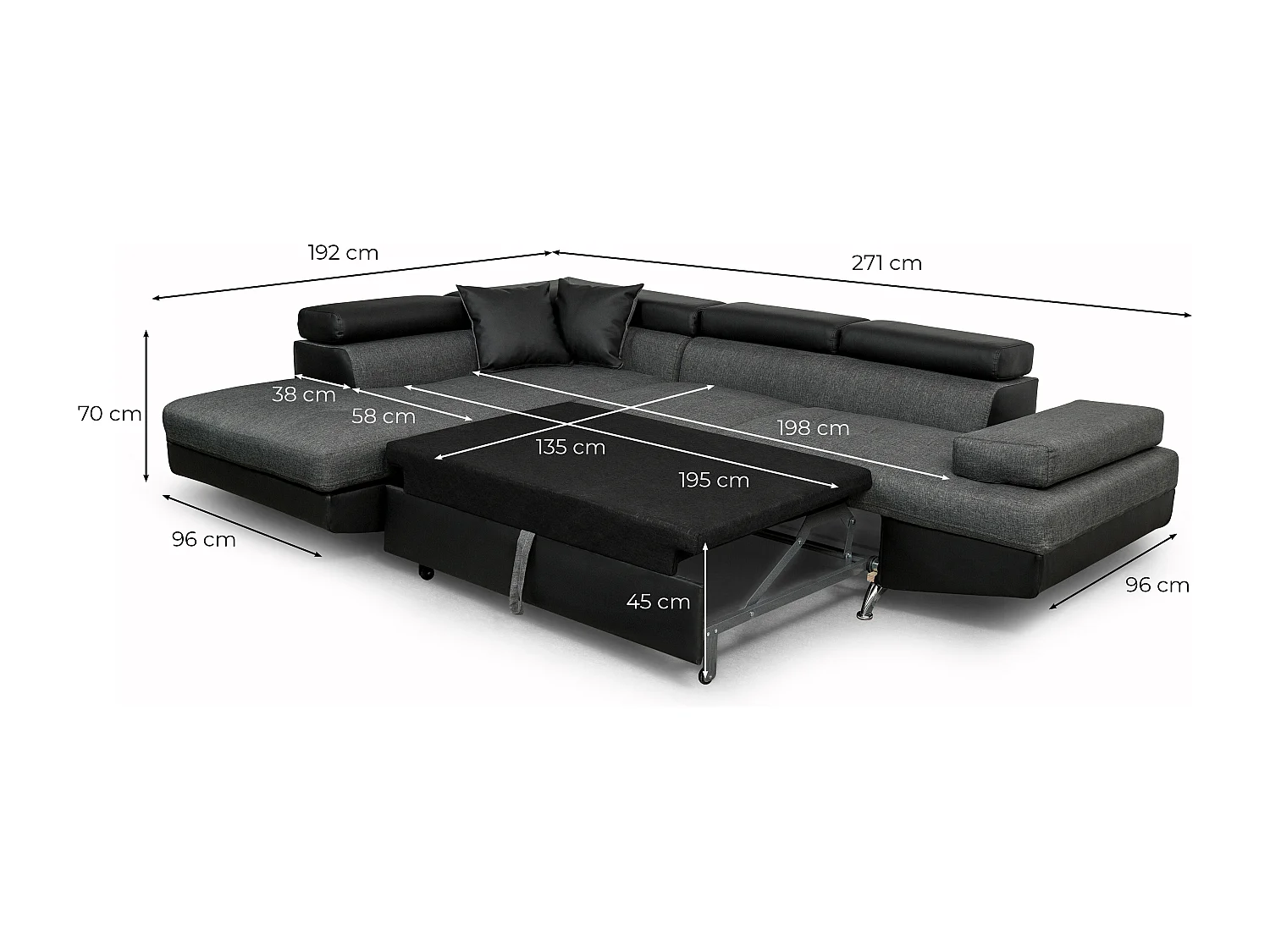 Canapé d'angle droit 5 places Rio convertible avec coffre en tissu et simili - Gris/Noir - L271 x P192 x H70cm - Loungitude