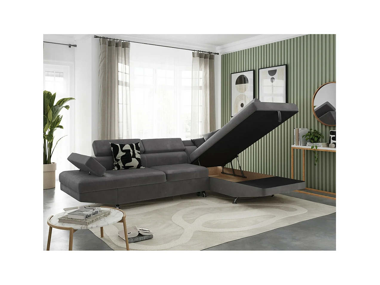 Canapé d'angle droit 5 places Rio Convertible avec coffre en microfibre - Gris - L271 x P192 x H70cm - Loungitude