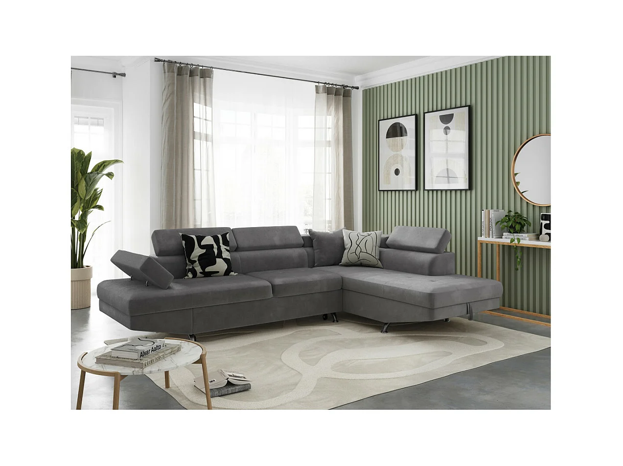 Canapé d'angle droit 5 places Rio Convertible avec coffre en microfibre - Gris - L271 x P192 x H70cm - Loungitude
