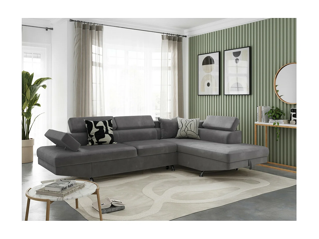 Canapé d'angle droit 5 places Rio convertible avec coffre en microfibre - Gris - L271 x P192 x H70cm - Loungitude