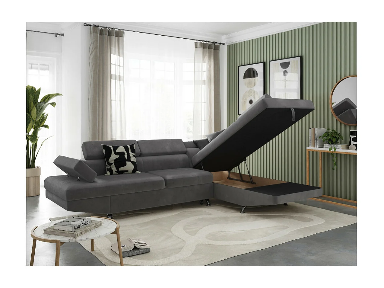 Canapé d'angle droit 5 places Rio convertible avec coffre en microfibre - Gris - L271 x P192 x H70cm - Loungitude