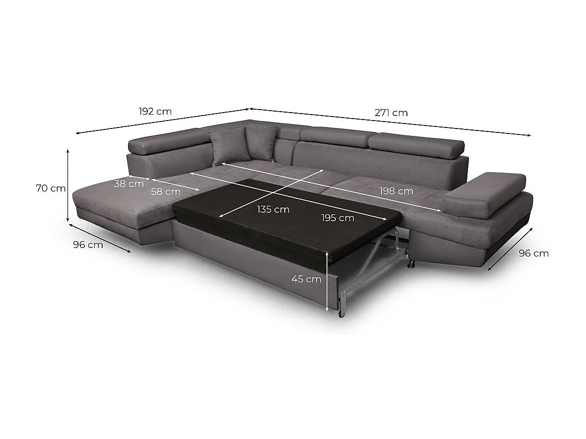 Canapé d'angle droit 5 places Rio convertible avec coffre en microfibre - Gris - L271 x P192 x H70cm - Loungitude