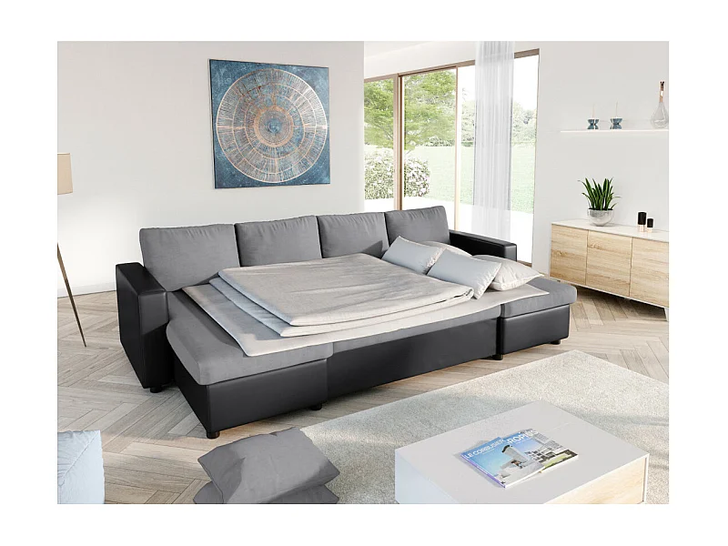 Canapé d'angle Panoramique 6 Places Maria Convertible en simili et microfibre - Gris/Noir - L295 x P146 x H81cm - Loungitude