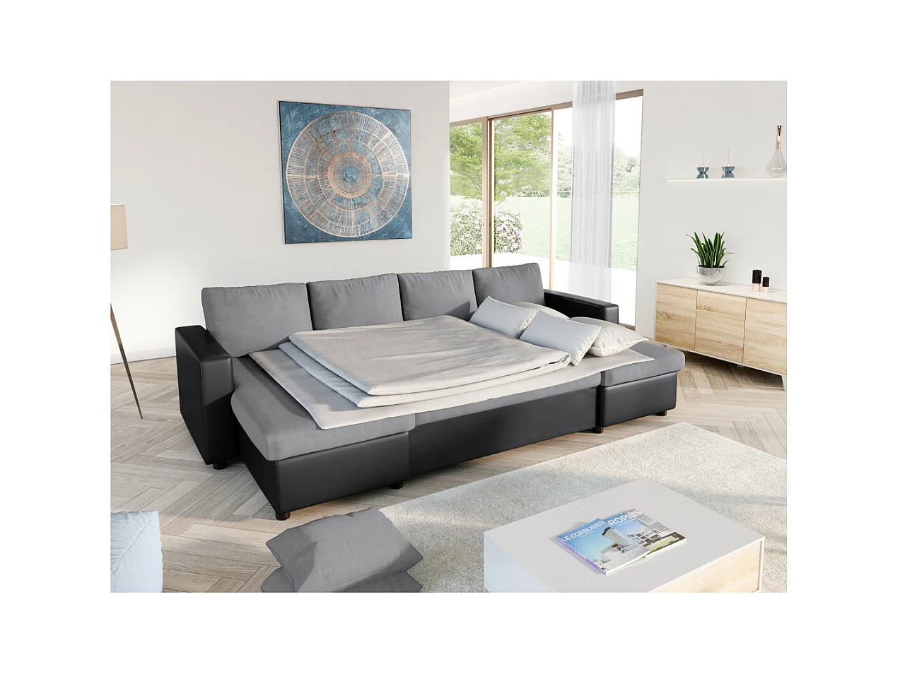 Canapé d'angle Panoramique 6 Places Maria Convertible en simili et microfibre - Gris/Noir - L295 x P146 x H81cm - Loungitude