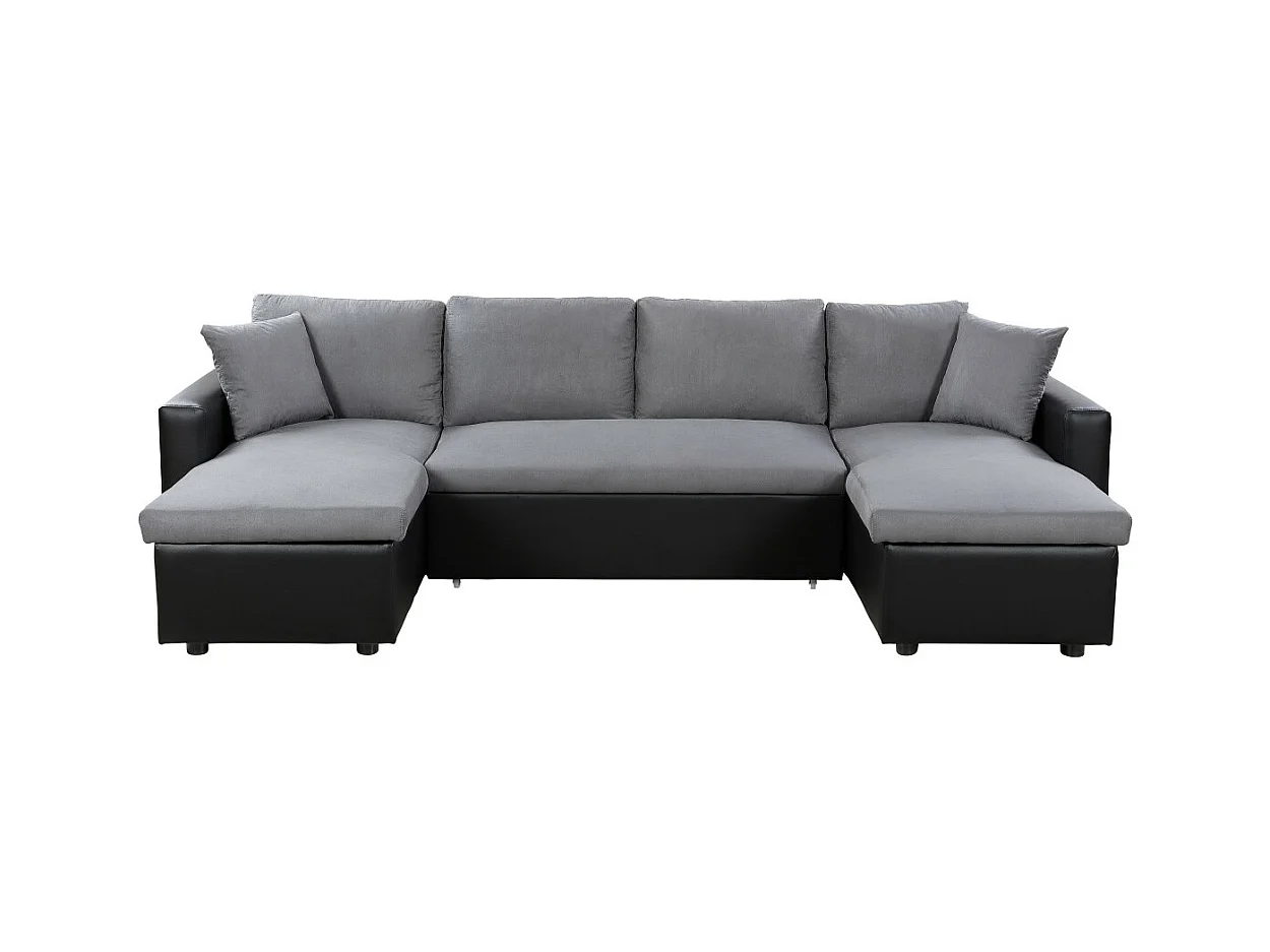 Canapé d'angle Panoramique 6 Places Maria Convertible en simili et microfibre - Gris/Noir - L295 x P146 x H81cm - Loungitude