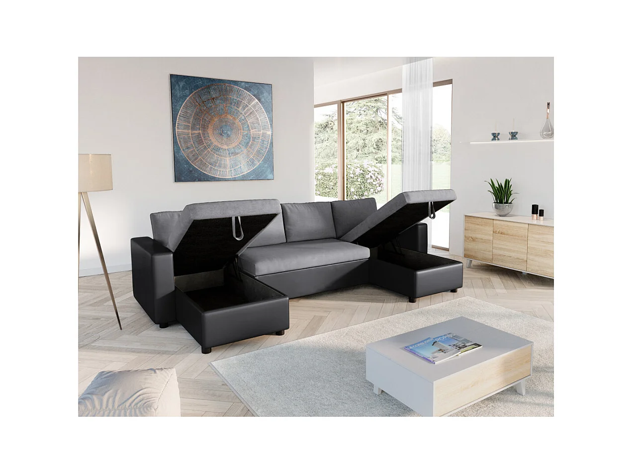 Canapé d'angle Panoramique 6 Places Maria Convertible en simili et microfibre - Gris/Noir - L295 x P146 x H81cm - Loungitude