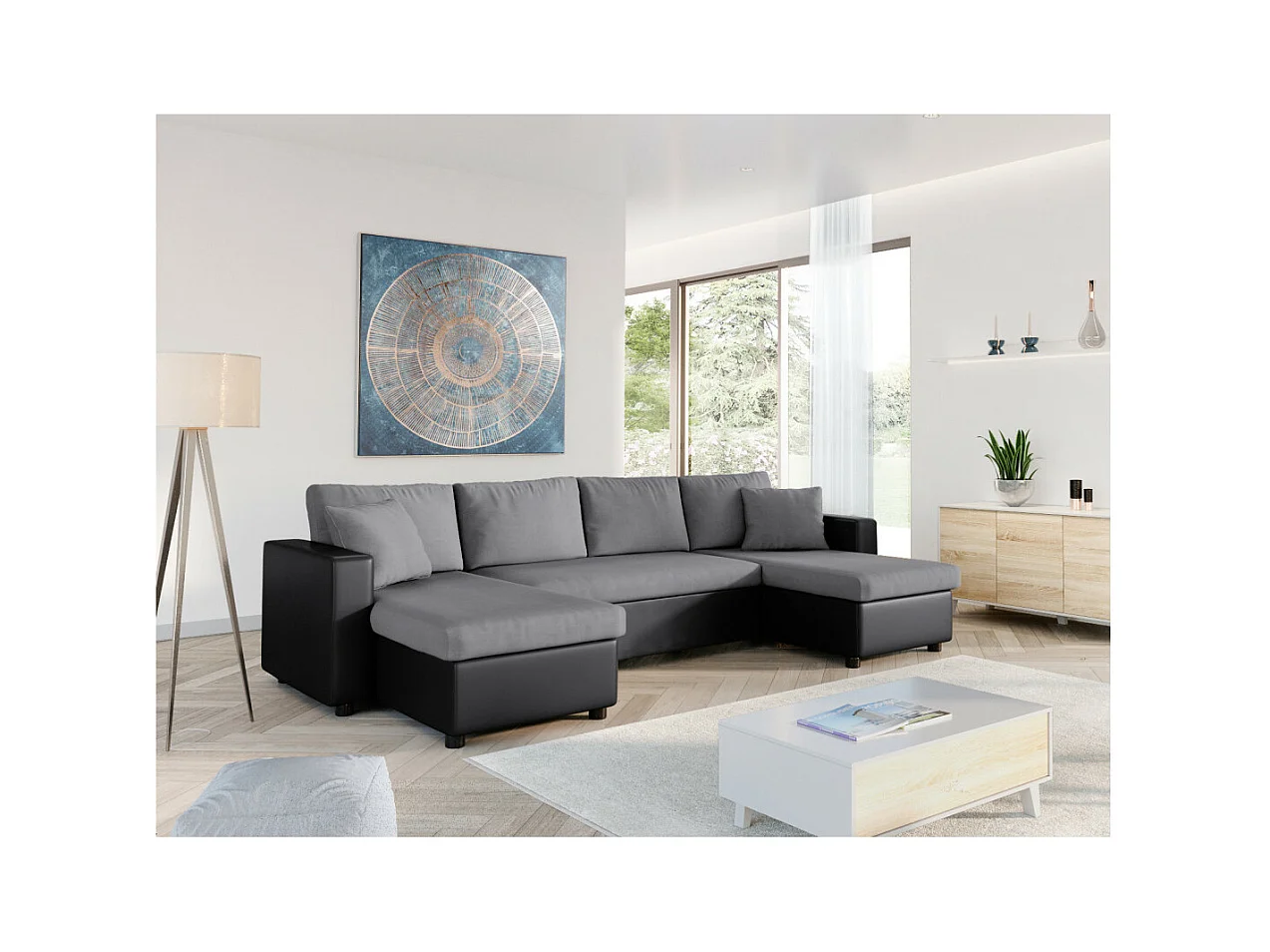 Canapé d'angle Panoramique 6 Places Maria Convertible en simili et microfibre - Gris/Noir - L295 x P146 x H81cm - Loungitude