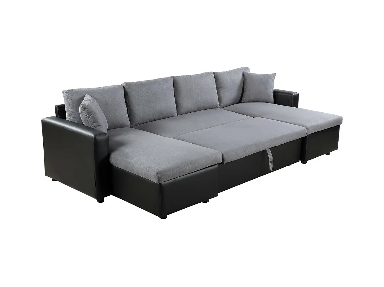 Canapé d'angle Panoramique 6 Places Maria Convertible en simili et microfibre - Gris/Noir - L295 x P146 x H81cm - Loungitude