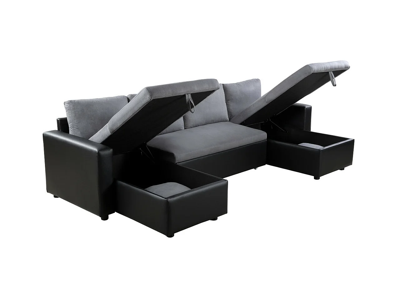 Canapé d'angle Panoramique 6 Places Maria Convertible en simili et microfibre - Gris/Noir - L295 x P146 x H81cm - Loungitude
