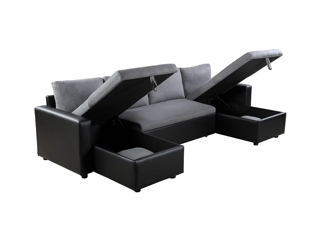Canapé d'angle Panoramique 6 Places Maria Convertible en simili et microfibre - Gris/Noir - L295 x P146 x H81cm - Loungitude