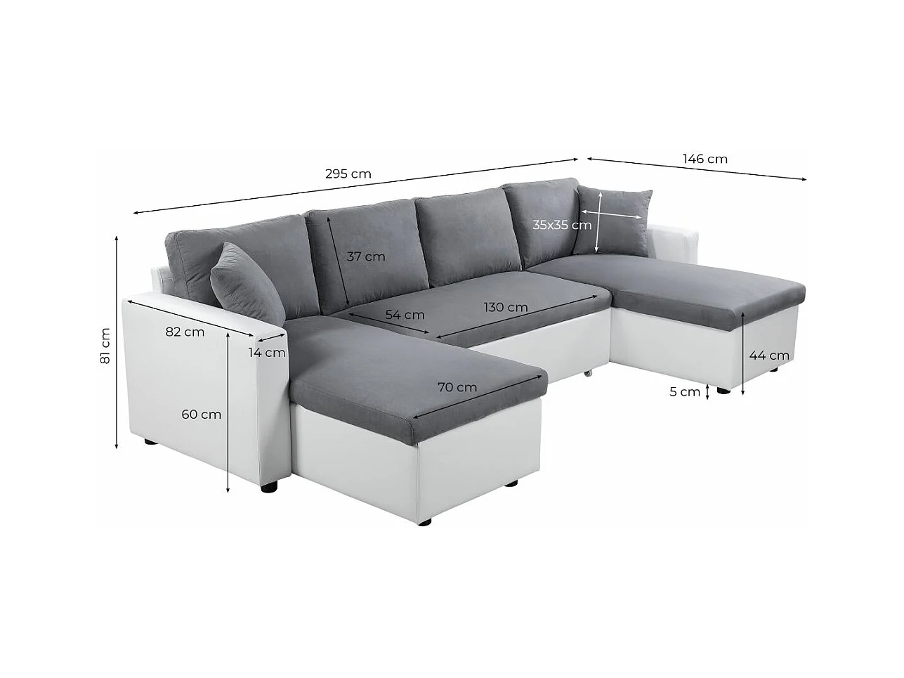 Canapé d'angle Panoramique 6 Places Maria Convertible en simili et microfibre - Gris/Noir - L295 x P146 x H81cm - Loungitude