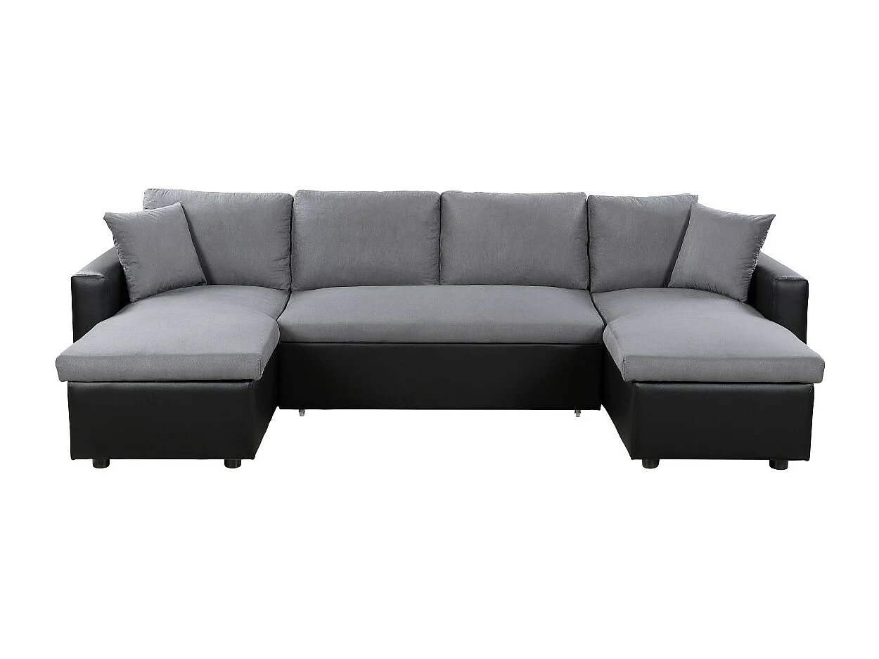 Canapé d'angle Panoramique 6 places Maria convertible en simili et microfibre - Gris/Noir - L295 x P146 x H81cm - Loungitude