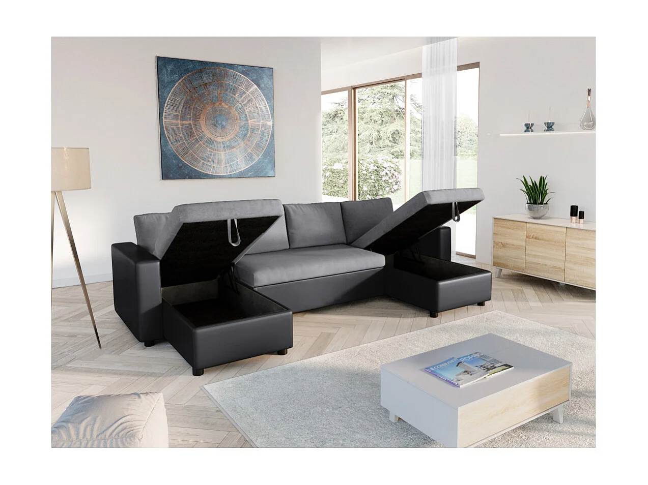 Canapé d'angle Panoramique 6 places Maria convertible en simili et microfibre - Gris/Noir - L295 x P146 x H81cm - Loungitude