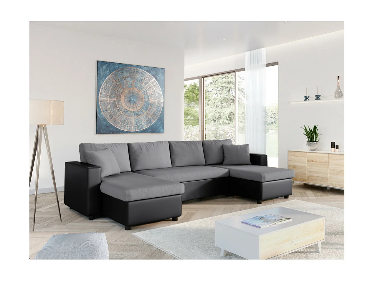 Canapé d'angle Panoramique 6 places Maria convertible en simili et microfibre - Gris/Noir - L295 x P146 x H81cm - Loungitude