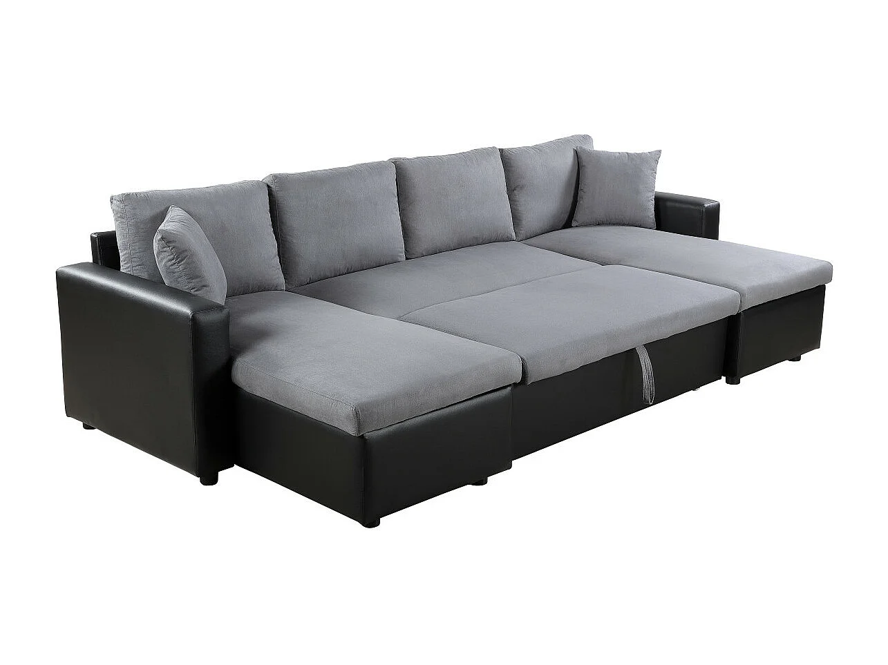 Canapé d'angle Panoramique 6 places Maria convertible en simili et microfibre - Gris/Noir - L295 x P146 x H81cm - Loungitude