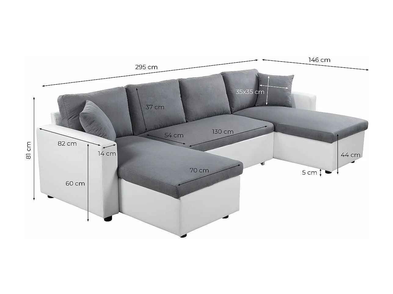 Canapé d'angle Panoramique 6 places Maria convertible en simili et microfibre - Gris/Noir - L295 x P146 x H81cm - Loungitude