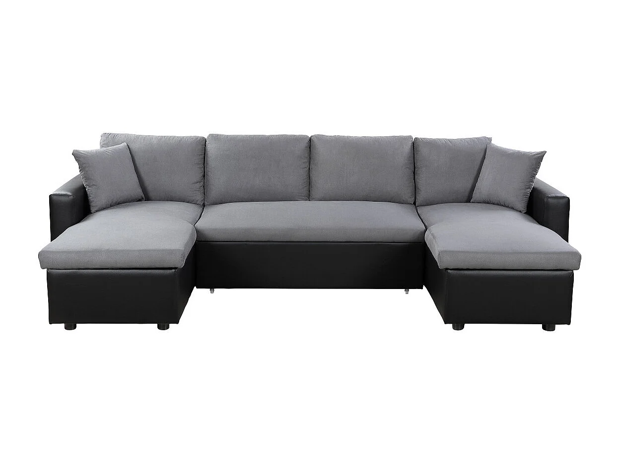 Canapé d'angle Panoramique 6 places Maria convertible en simili et microfibre - Gris/Noir - L295 x P146 x H81cm - Loungitude