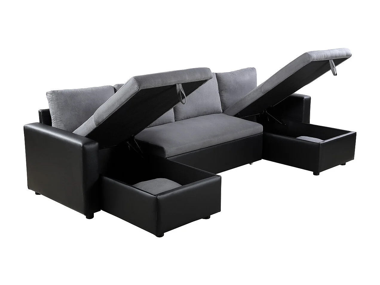 Canapé d'angle Panoramique 6 places Maria convertible en simili et microfibre - Gris/Noir - L295 x P146 x H81cm - Loungitude