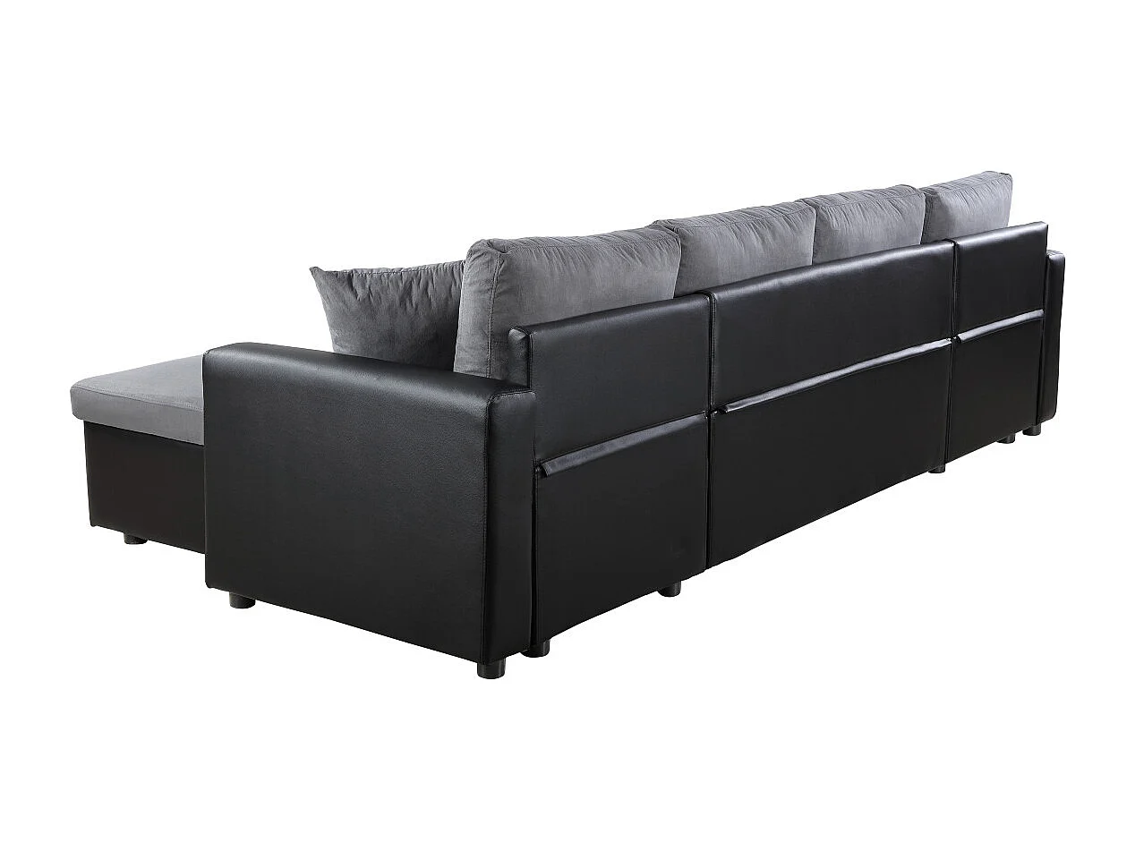 Canapé d'angle Panoramique 6 places Maria convertible en simili et microfibre - Gris/Noir - L295 x P146 x H81cm - Loungitude