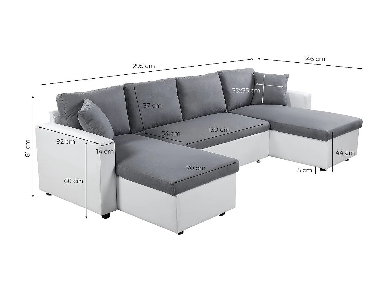 Canapé d'angle Panoramique 6 places Maria convertible en simili et microfibre - Gris/Noir - L295 x P146 x H81cm - Loungitude