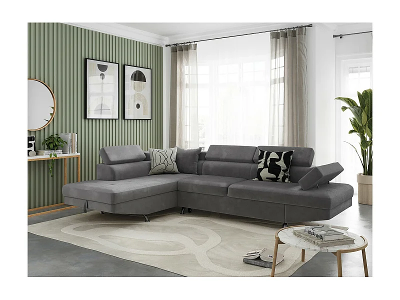 Canapé d'angle gauche 5 places Rio Convertible avec coffre en microfibre - Gris - L271 x P192 x H70cm - Loungitude