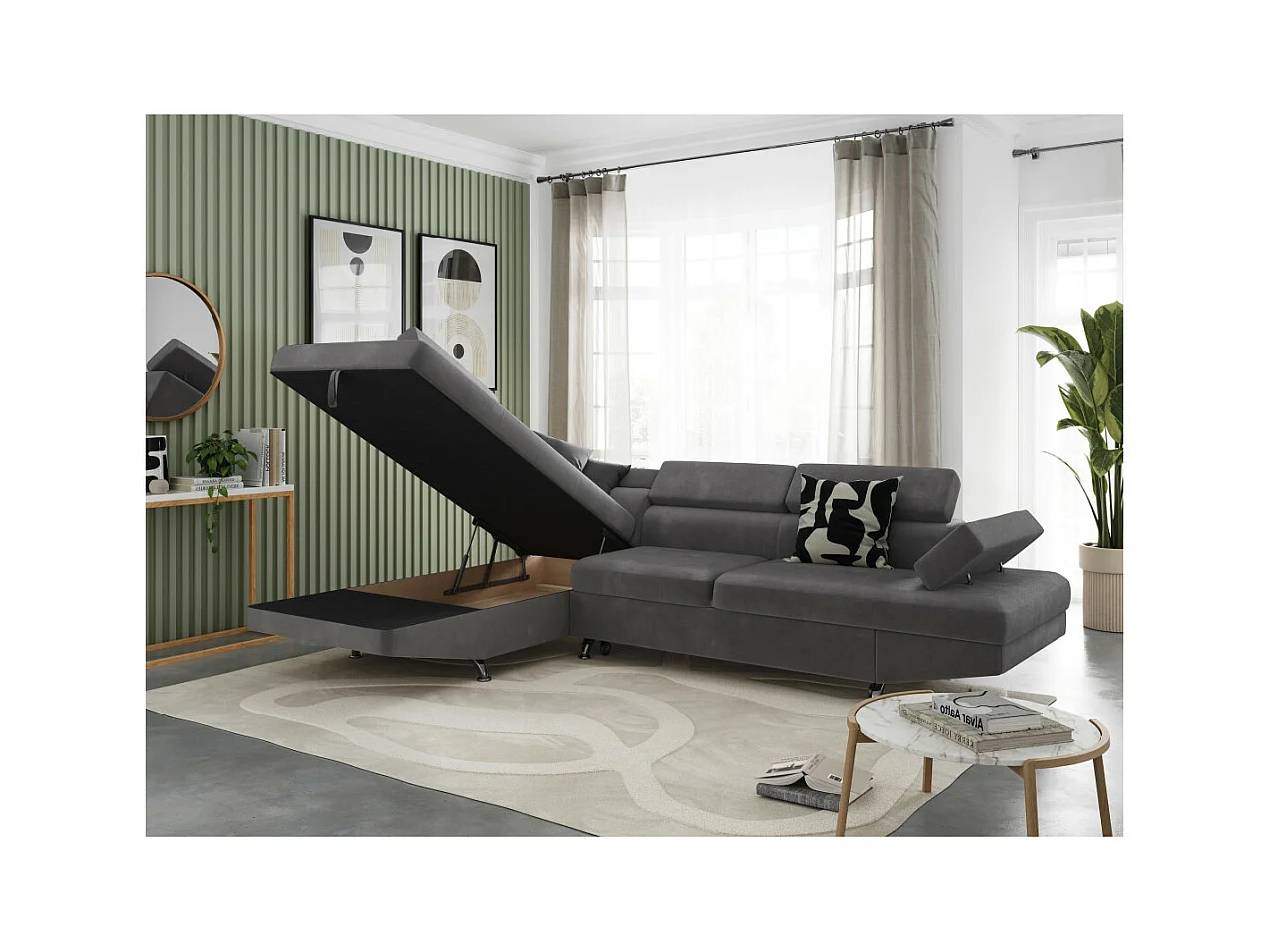 Canapé d'angle gauche 5 places Rio Convertible avec coffre en microfibre - Gris - L271 x P192 x H70cm - Loungitude