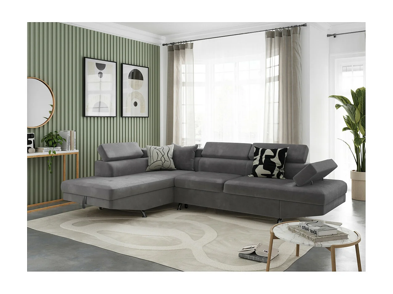 Canapé d'angle gauche 5 places Rio convertible avec coffre en microfibre - Gris - L271 x P192 x H70cm - Loungitude