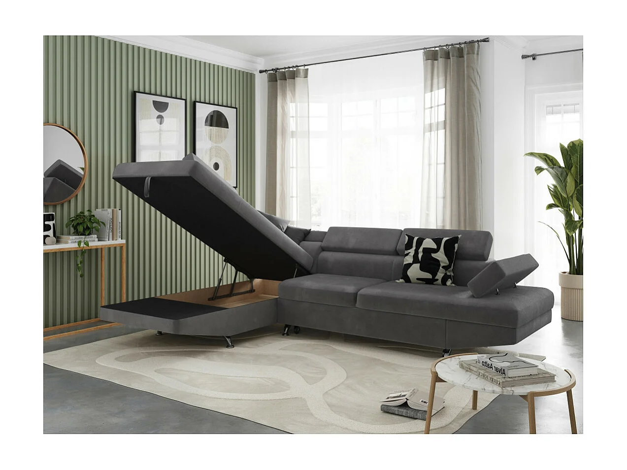 Canapé d'angle gauche 5 places Rio convertible avec coffre en microfibre - Gris - L271 x P192 x H70cm - Loungitude