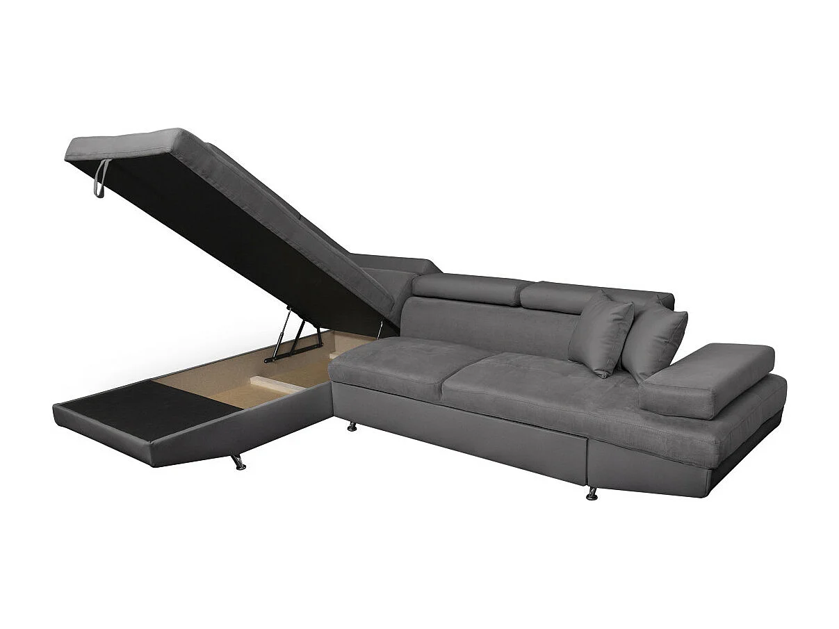 Canapé d'angle gauche 5 places Rio convertible avec coffre en microfibre - Gris - L271 x P192 x H70cm - Loungitude