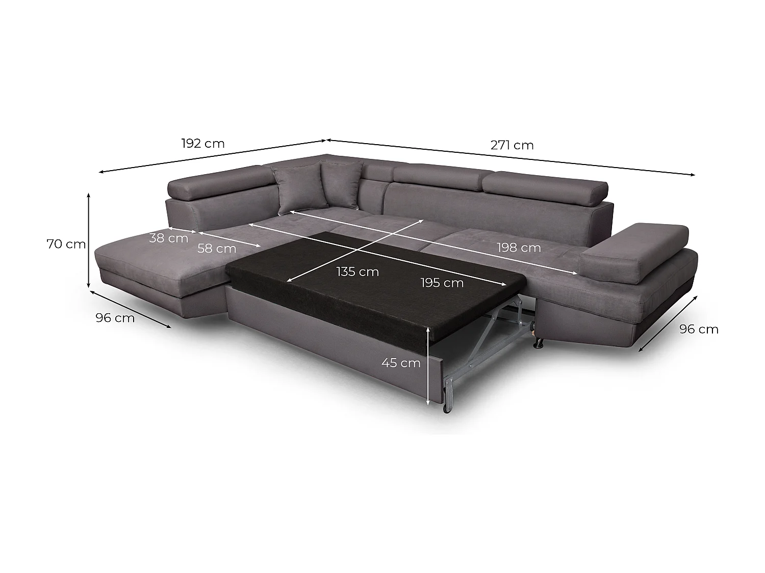 Canapé d'angle gauche 5 places Rio convertible avec coffre en microfibre - Gris - L271 x P192 x H70cm - Loungitude