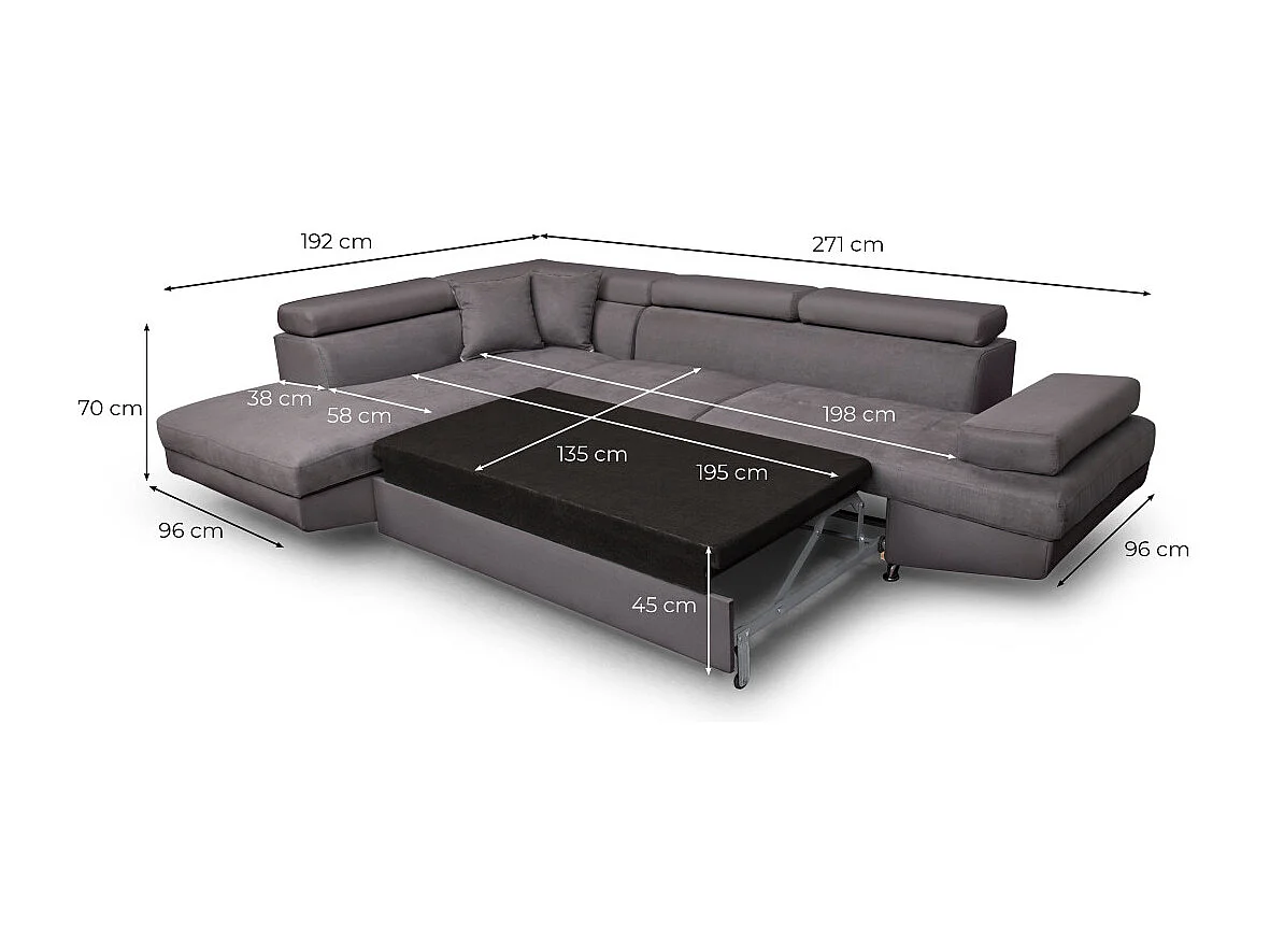 Canapé d'angle gauche 5 places Rio convertible avec coffre en microfibre - Gris - L271 x P192 x H70cm - Loungitude