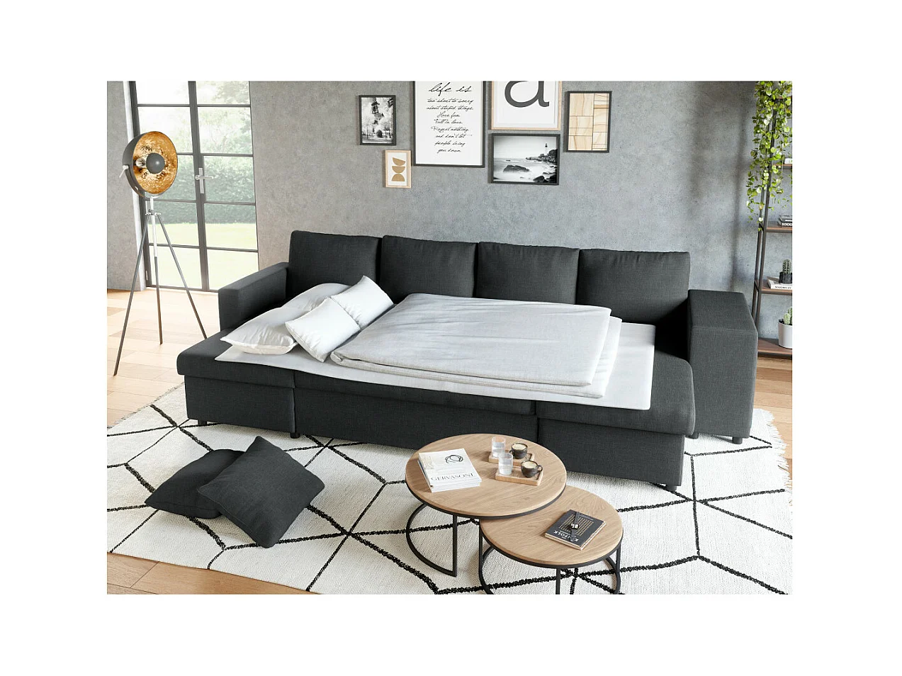 Canapé d'angle panoramique Oslo convertible avec coffres et poufs à droite - Tissu - Gris anthracite - L311 x P146 x H81cm - Loungitude