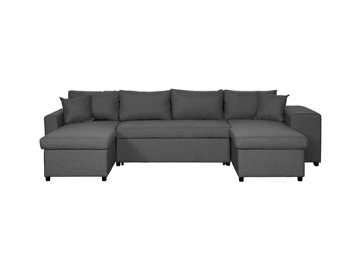 Canapé d'angle panoramique Oslo convertible avec coffres et poufs à droite - Tissu - Gris anthracite - L311 x P146 x H81cm - Loungitude