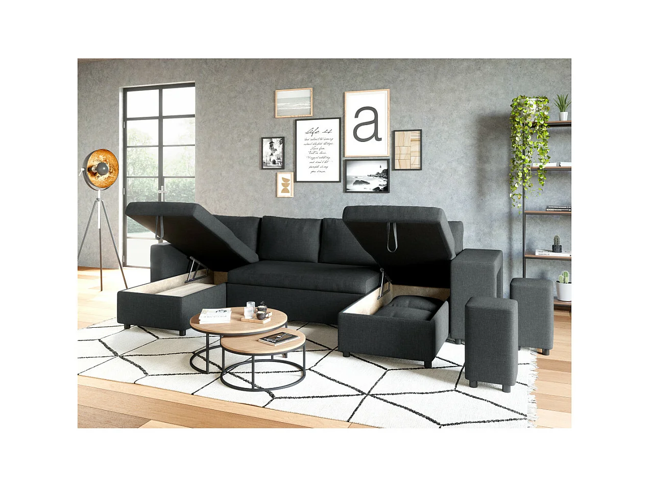 Canapé d'angle panoramique Oslo convertible avec coffres et poufs à droite - Tissu - Gris anthracite - L311 x P146 x H81cm - Loungitude