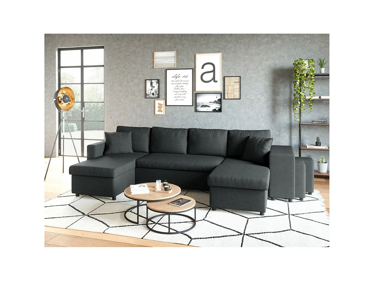 Canapé d'angle panoramique Oslo convertible avec coffres et poufs à droite - Tissu - Gris anthracite - L311 x P146 x H81cm - Loungitude