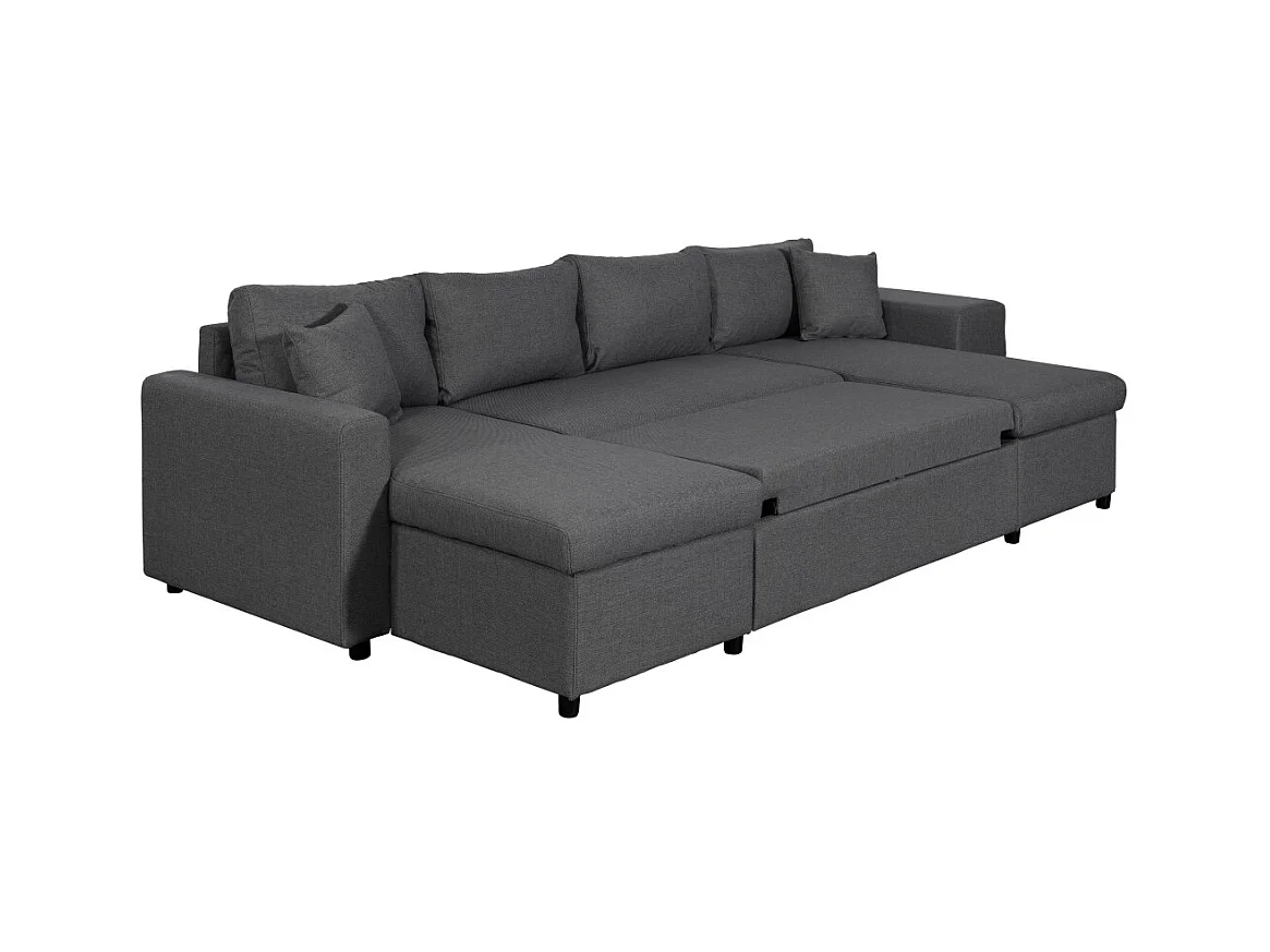 Canapé d'angle panoramique Oslo convertible avec coffres et poufs à droite - Tissu - Gris anthracite - L311 x P146 x H81cm - Loungitude
