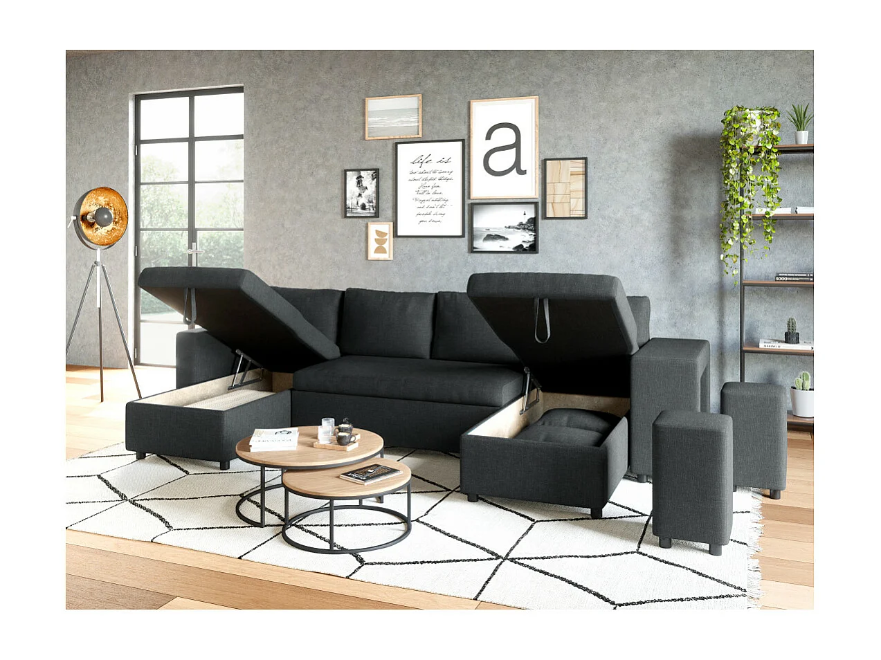 Canapé d'angle panoramique Oslo convertible avec coffres et poufs à droite - Tissu - Gris anthracite - L311 x P146 x H81cm - Loungitude