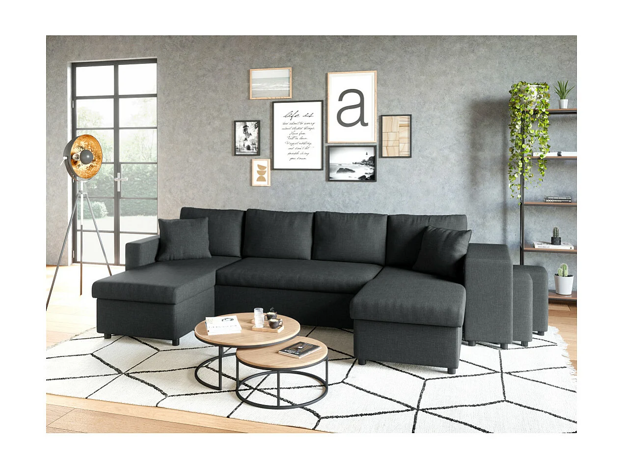 Canapé d'angle panoramique Oslo convertible avec coffres et poufs à droite - Tissu - Gris anthracite - L311 x P146 x H81cm - Loungitude