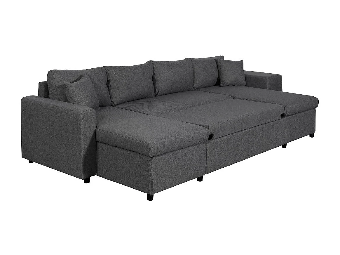 Canapé d'angle panoramique Oslo convertible avec coffres et poufs à droite - Tissu - Gris anthracite - L311 x P146 x H81cm - Loungitude