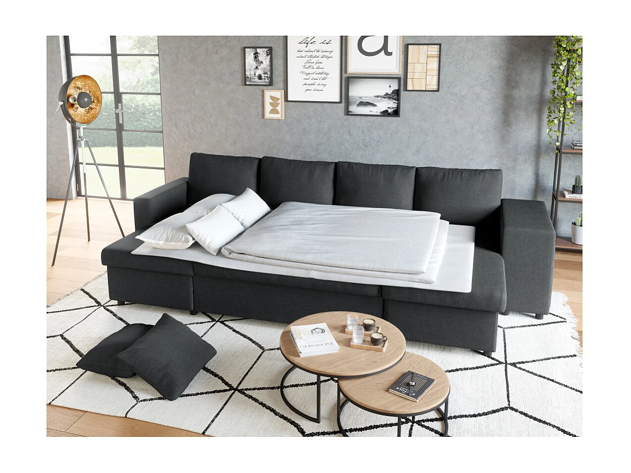 Canapé d'angle panoramique Oslo convertible avec coffres et poufs à droite - Tissu - Gris anthracite - L311 x P146 x H81cm - Loungitude